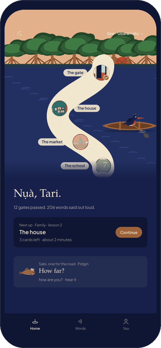 The Creeks home screen with the next lesson and the creek path