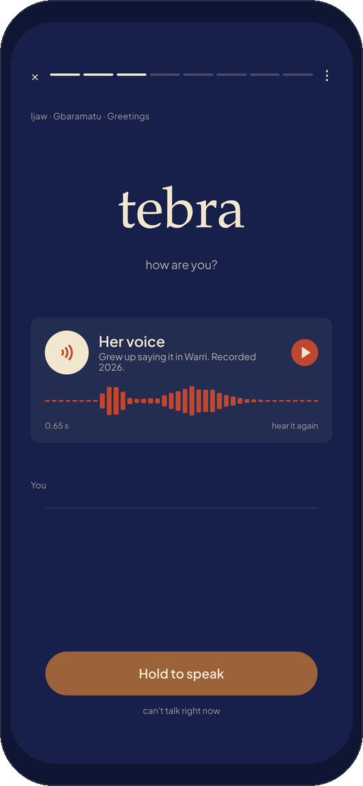 A Creeks lesson card: the word, what it means, the voice that said it, and the hold to speak button